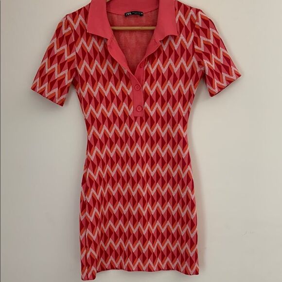Zara S Pink Orange Zigzag Aztec Polo Bodycon Fitted Dress Clubwear Datenight - Picture 3 of 7